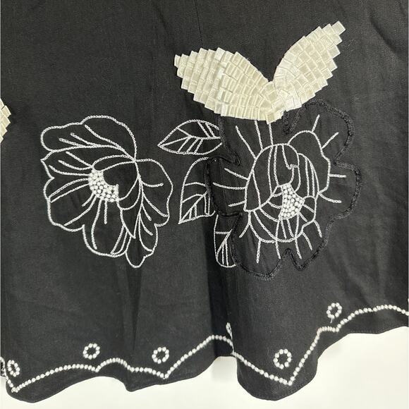 Etcetera Linen Skirt Black White Embroidery Beaded Ribbon 10 Whimsigoth Fairy - Picture 10 of 13